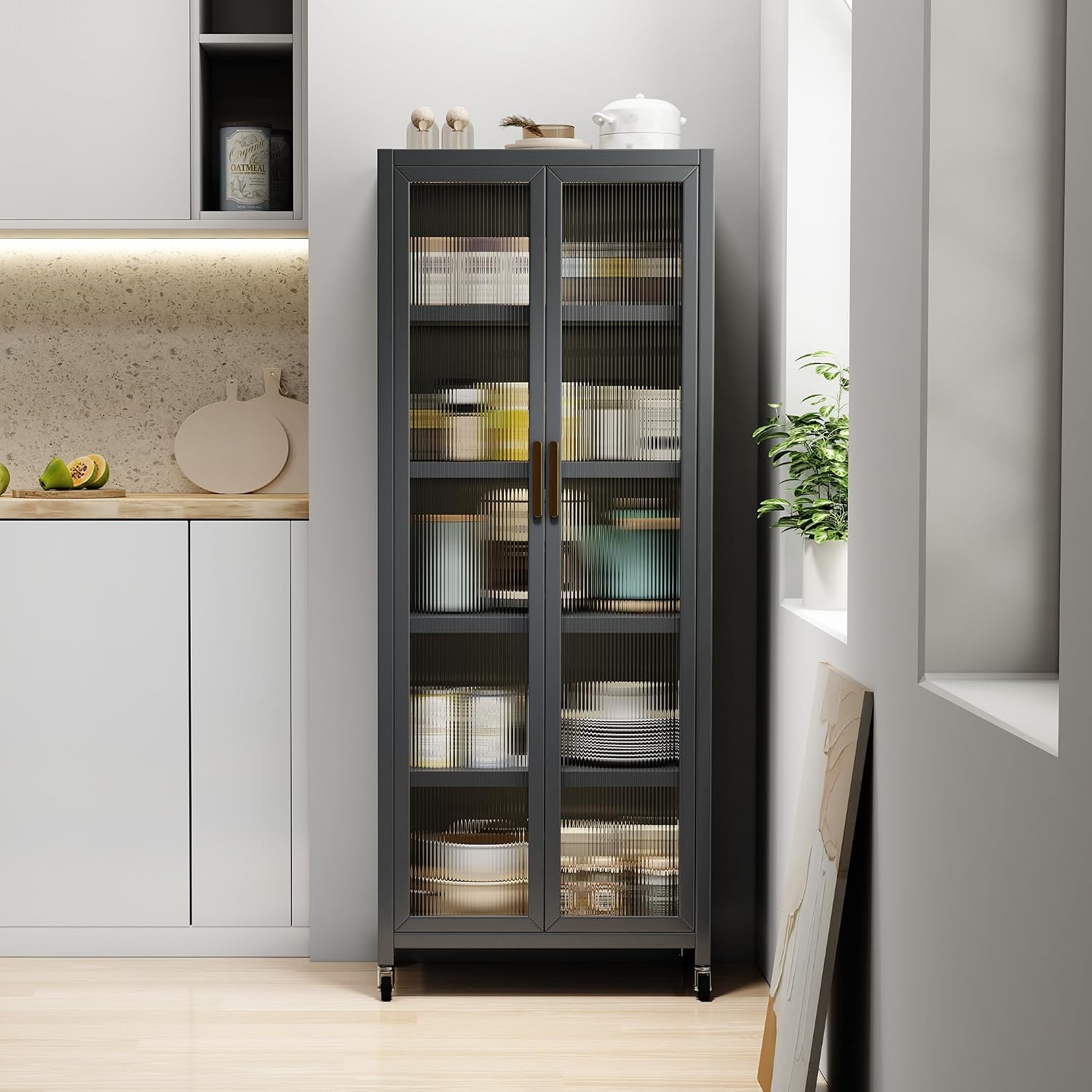 6 Tier 63" Kitchen Appliance Storage,Appliance Cabinet,Bakers Rack with Doors with Transparent Flap Door Design Kitchen Storage Shelves,Microwave Stand for Dining Room Black