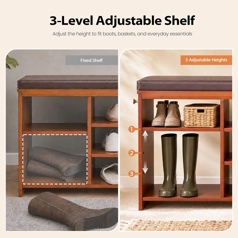 OAKHAM 50" Bamboo Shoe Storage Bench with Comfortable Padded Faux Leathe...