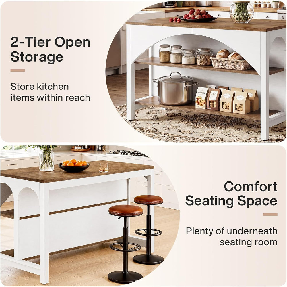 Tribesigns 55" Kitchen Island with 2-Tier Shelves and Seating | Wood Sta...