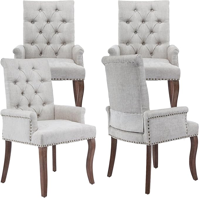 Upholstered Tufted Chenille Dining Chairs with Arms & Nailhead Trim – Solid Wood Frame & Legs, Modern Farmhouse for Dining, Kitchen & Living Room (Set of 4, Beige)