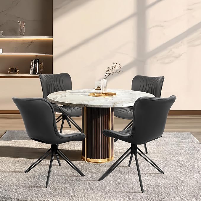 Dining Chairs Set of 6, 360° Swivel Upholstered Mid-Century Modern Kitchen Dining Room Chairs, Armless Faux Leather Accent Side Chair with Padded Back, Metal Legs for Living Room,Black