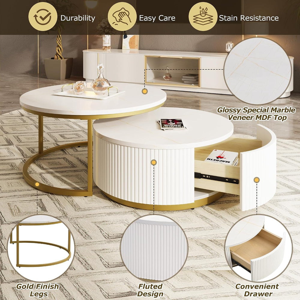 Nesting Coffee Table Set of 2, Round Coffee Table with Drawer for Living Room...