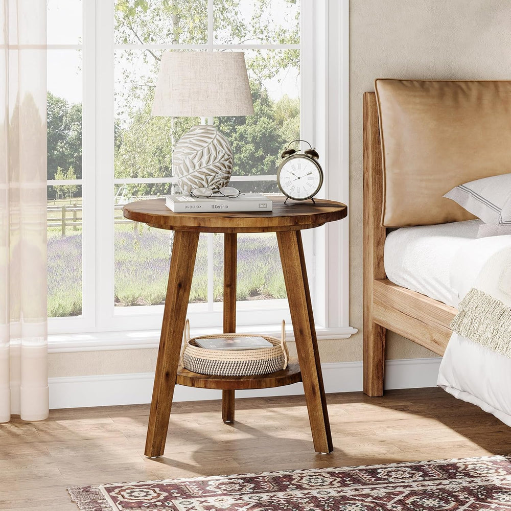 Solid Wood Round End Table, Sofa Side Table with Storage Shelf, Farmhouse Nig...