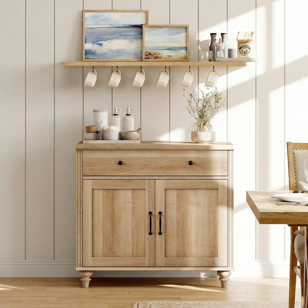 WAMPAT 34’‘ Oak Buffet Cabinet with Doors and Drawer, Wood Kitchen Storage Ca...