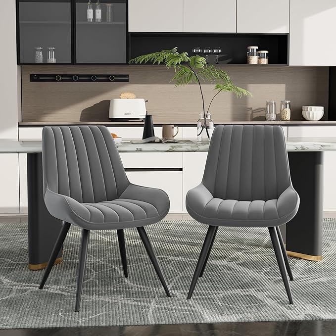 Mid Century Modern Dining Chairs Set of 6, Soft Cushion Upholstered Fabric Kitchen Chairs, Dark Grey