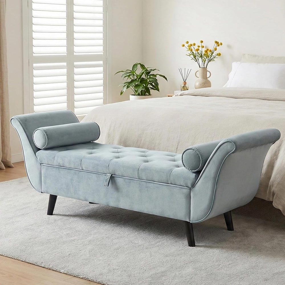 65" Velvet Storage Bench, 65" Vintage Upholstered Rolled Armed Butt...