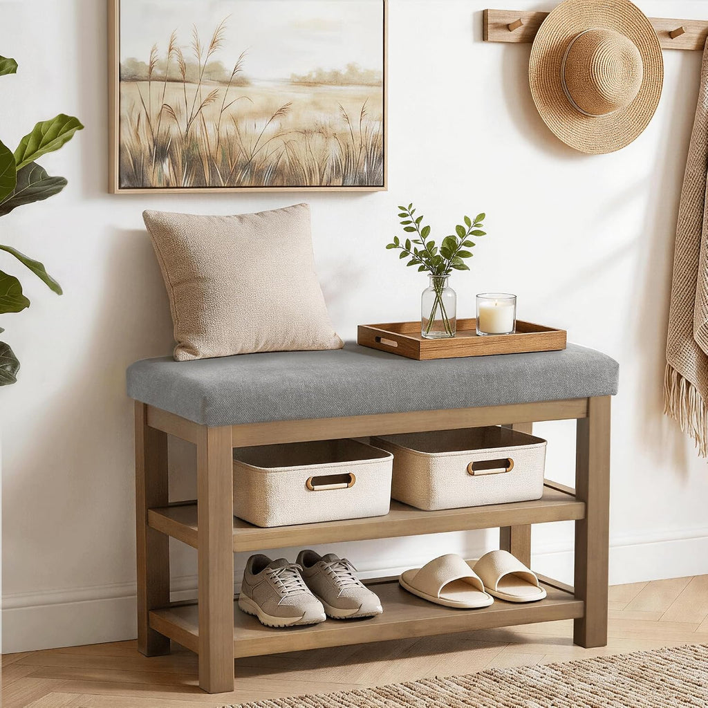 Zihanhome Shoe Rack Bench with Cushion, 2 Tier Solid Wood Storage Bench, Mid-Century Modern Shoe Bench for Entryway, Hallway, Closet, Front Door Entrance, Foyer (Grey, 31.5")