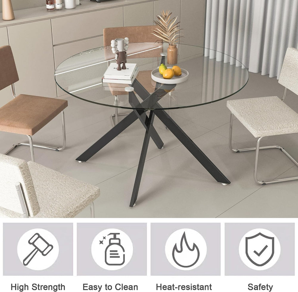 47" Round Glass Dining Table for 4-6, Circle Kitchen Table with Tempered...