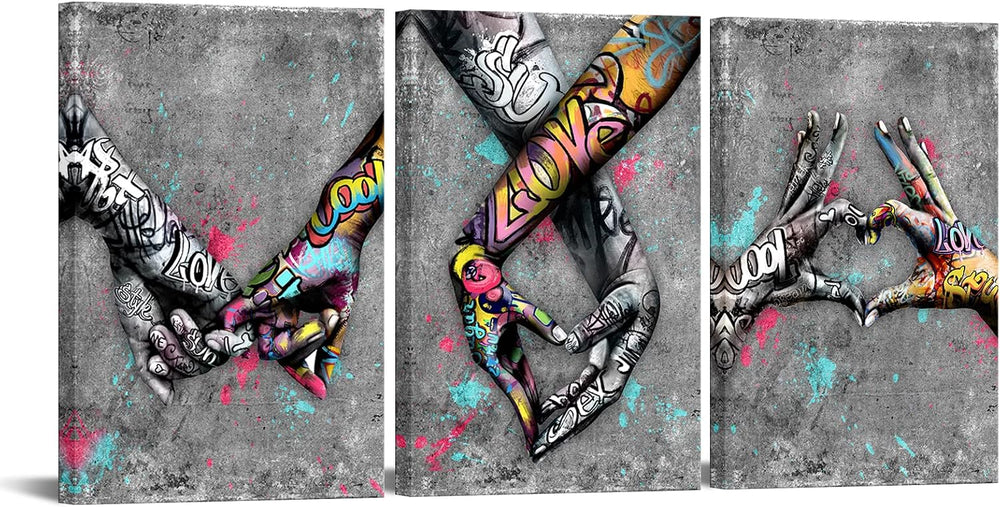Canvas Set of 3 Street Art Gesture Heart Graffiti Art Canvas Oil Painting Lov...