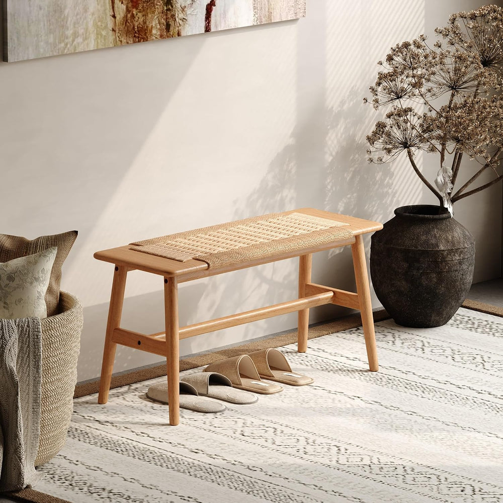 100% Solid Oak Wood Dining Bench, Hand Woven Dining Bench with Trapezoid Leg,...
