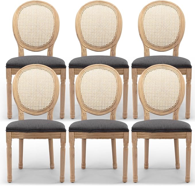 Rattan Back Upholstered Dining Chairs Set of 6 French Country Oval Kitchen Side Chairs with Wood Legs for Dining Room, Kitchen, Restaurant(Dark Grey-Rattan)
