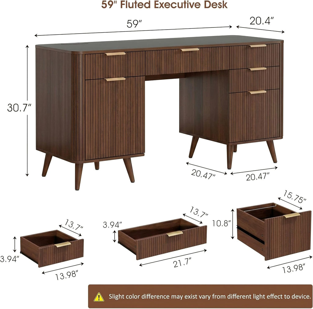 Alohappy 59" Fluted Executive Desk with 5 Drawers & Charging Station, Large Wood Computer Desk with File Drawer and Storage Cabinet, Modern Home Office Desk with Power Outlet for Study, Walnut