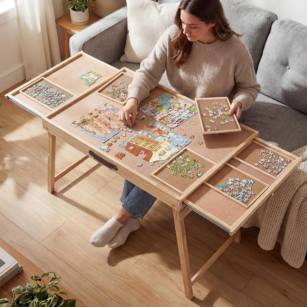 Puzzle Table with Legs & 2 Drawers & 6 Sorting Trays & Cover