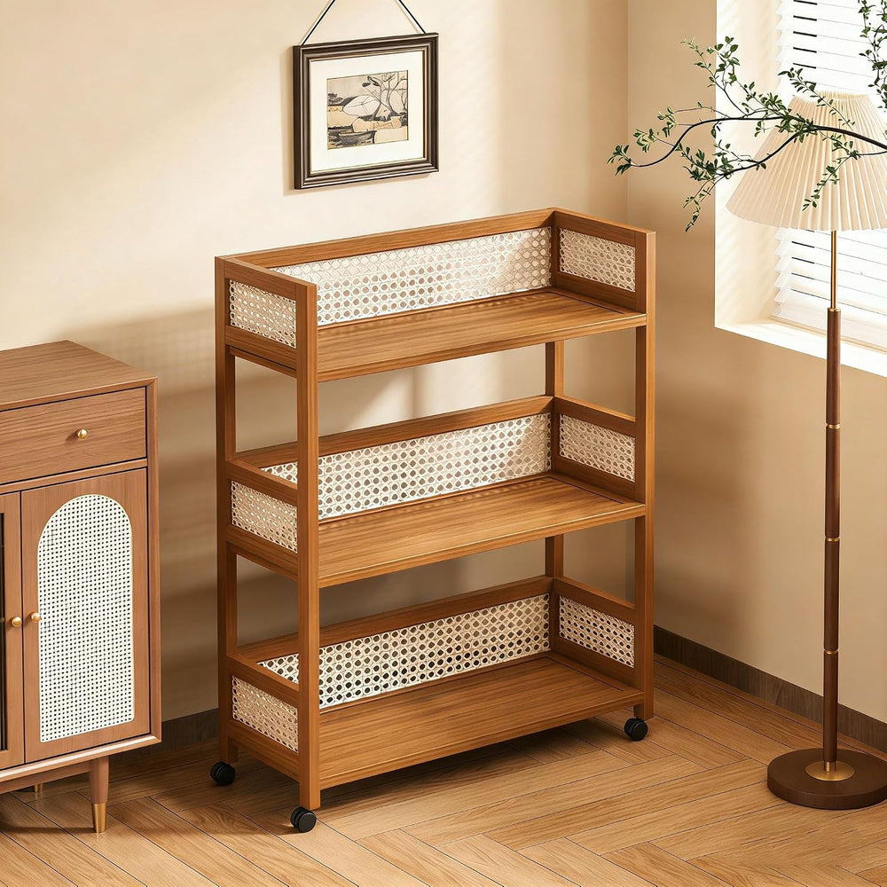 Rattan Side Table with Universal Wheels,Vintage Style Movable Coffee Table, S...
