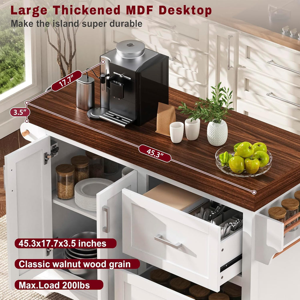 53" Large Kitchen Island with 3.5" Thick Desktop, Spice and Towel Racks, Rolling Kitchen Island with Storage on 5 Wheels, 2 Extra-Large Drawers, for Home, Kitchen, Dining Room, White