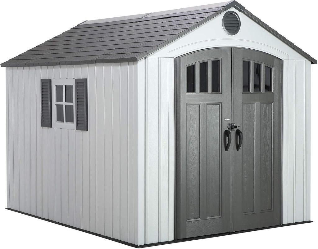 Lifetime 8 x 10 Ft Outdoor Storage Shed, Dual-Wall HDPE Construction, Steel-Reinforced, Skylight and Window, Lockable Doors, UV-Protected Gray Finish