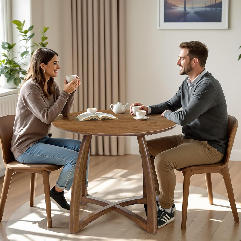 Acacia Alma 36 Inches Round Dining Table for 4, Solid Rubber Wood, Mid-Centur...