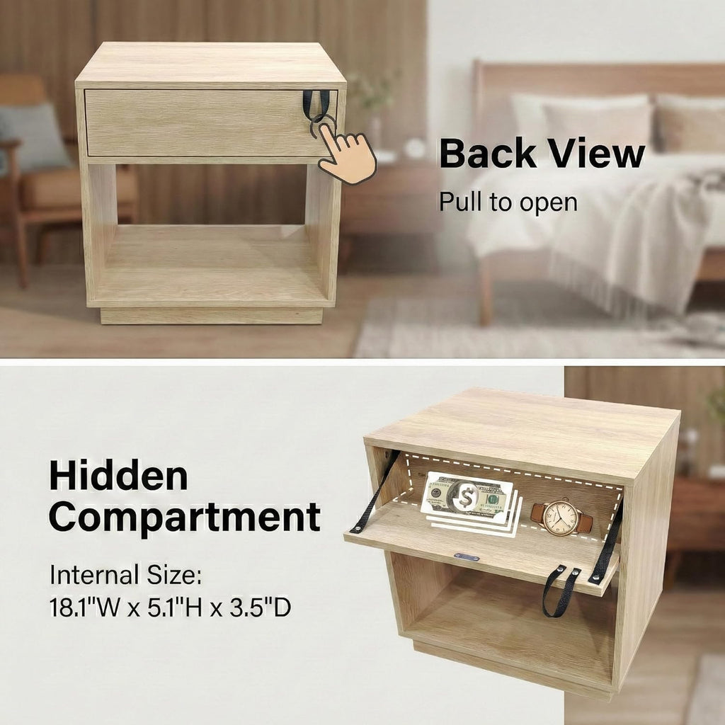holzart Set of 2 Fluted Wood Nightstands with Hidden Compartment, Modern Oak End Tables with Wavy Drawer and Open Shelf, Boho Bedside Tables for Bedroom, Light Wood