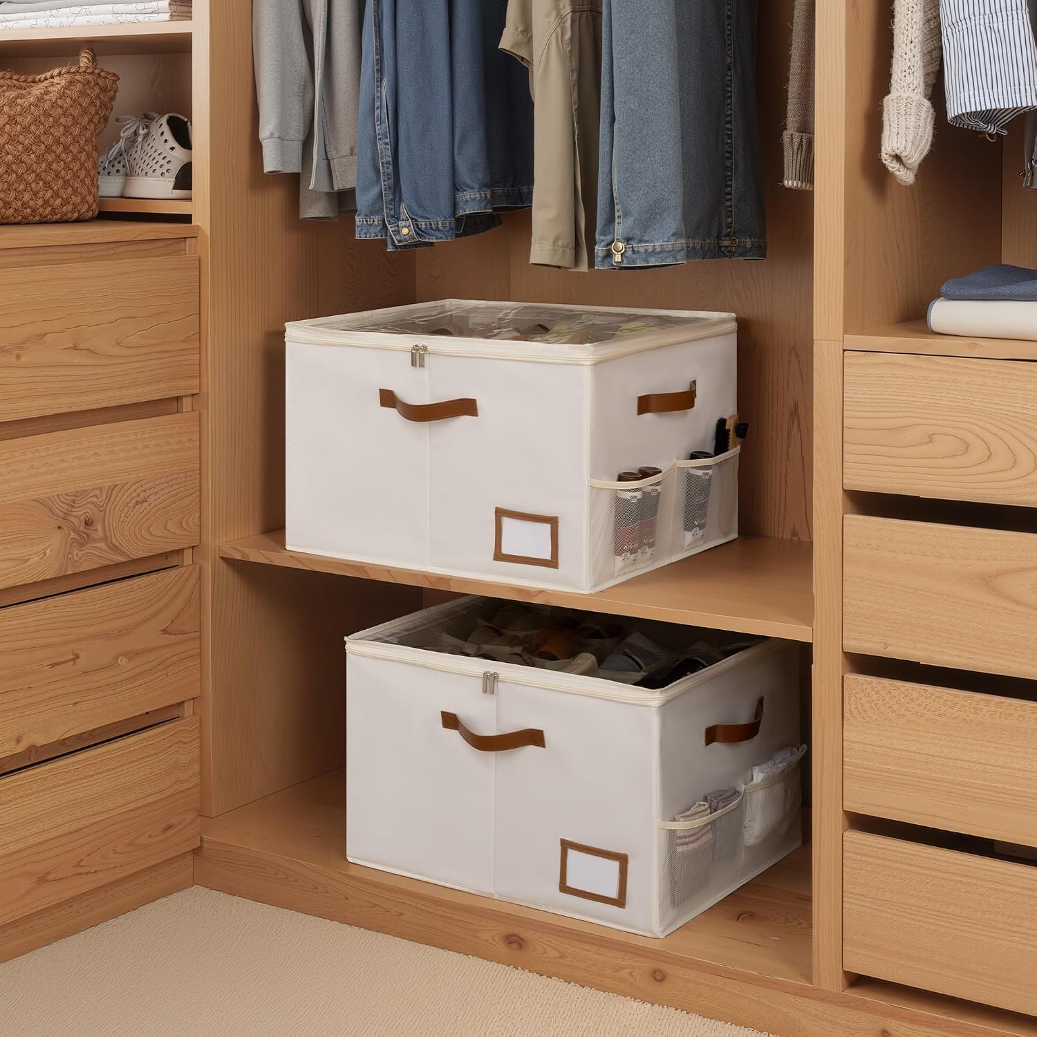 StorageWorks 2-Pack Shoe Storage Box for Closet, Sandal Organizer, Beige | Up to 32 Pairs, 12 Shoe Slots Each, Fixed Compartments, Clear Lid, Label Window, Side Mesh Pocket, Fits Flats & Low-Tops