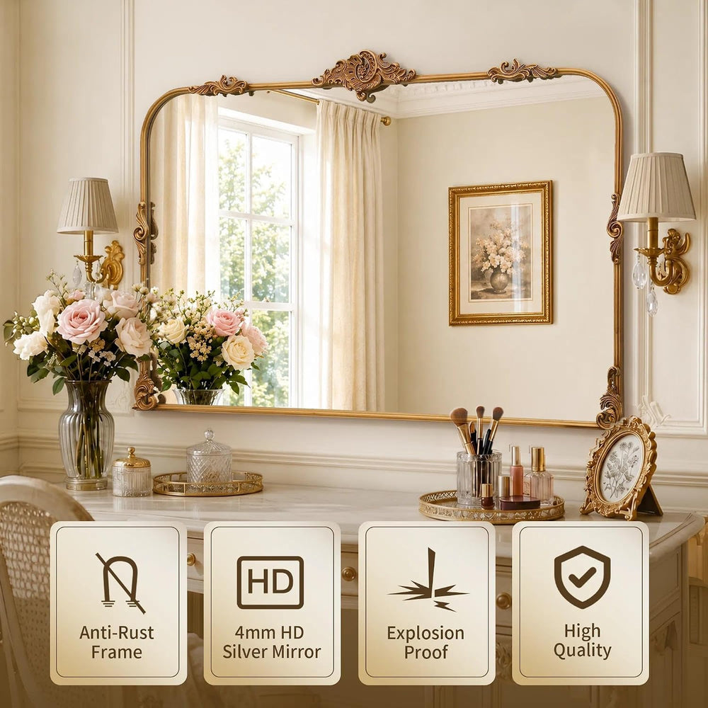 Large Gold Arched Mirror: 48"x33" Baroque Vintage Wall Mirror