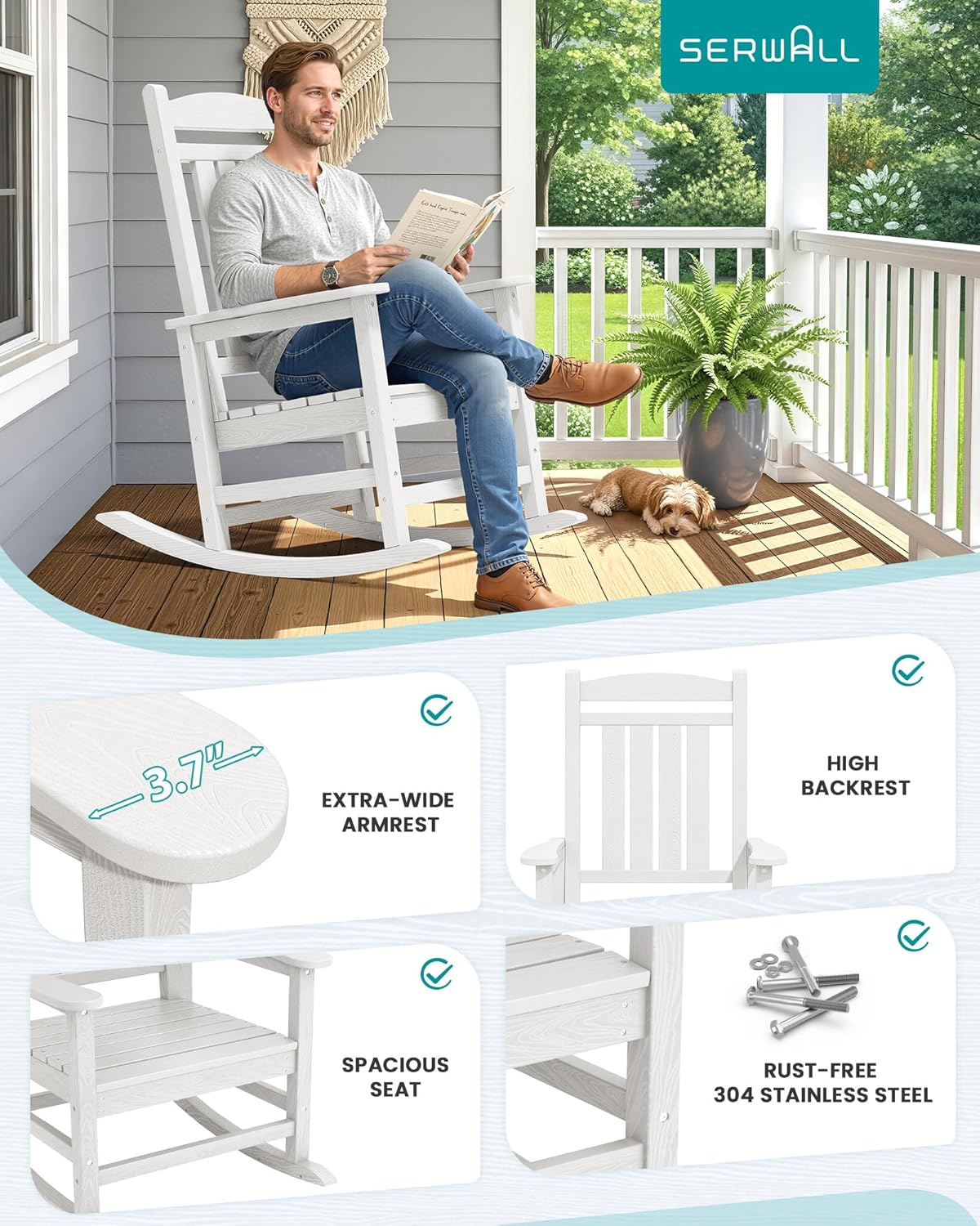 SERWALL Oversized Outdoor Rocking Chairs Set of 2, Oversized HDPE Porch Rockers for Adults, All-Weather Composite Patio Rocking Chairs, White