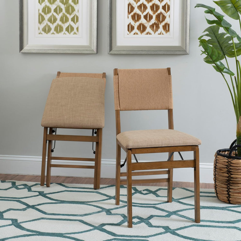 Bennett Natural Folding Chair with Rope Back and Linen Upholstered Seat Set o...