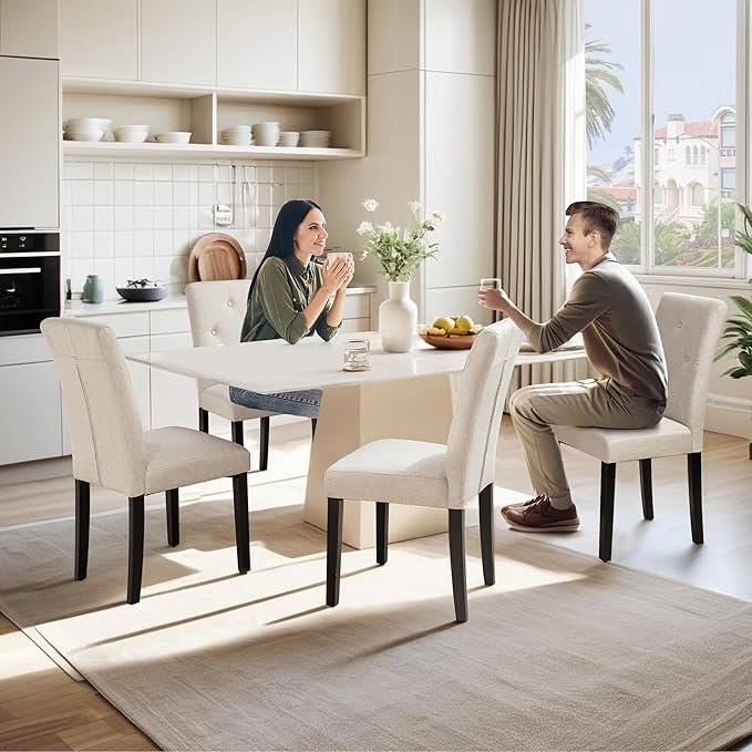 VECELO Upholstered Dining Chairs Set of 4, Modern Fabric and Solid Wood Legs & High Back for Kitchen/Living Room- Beige