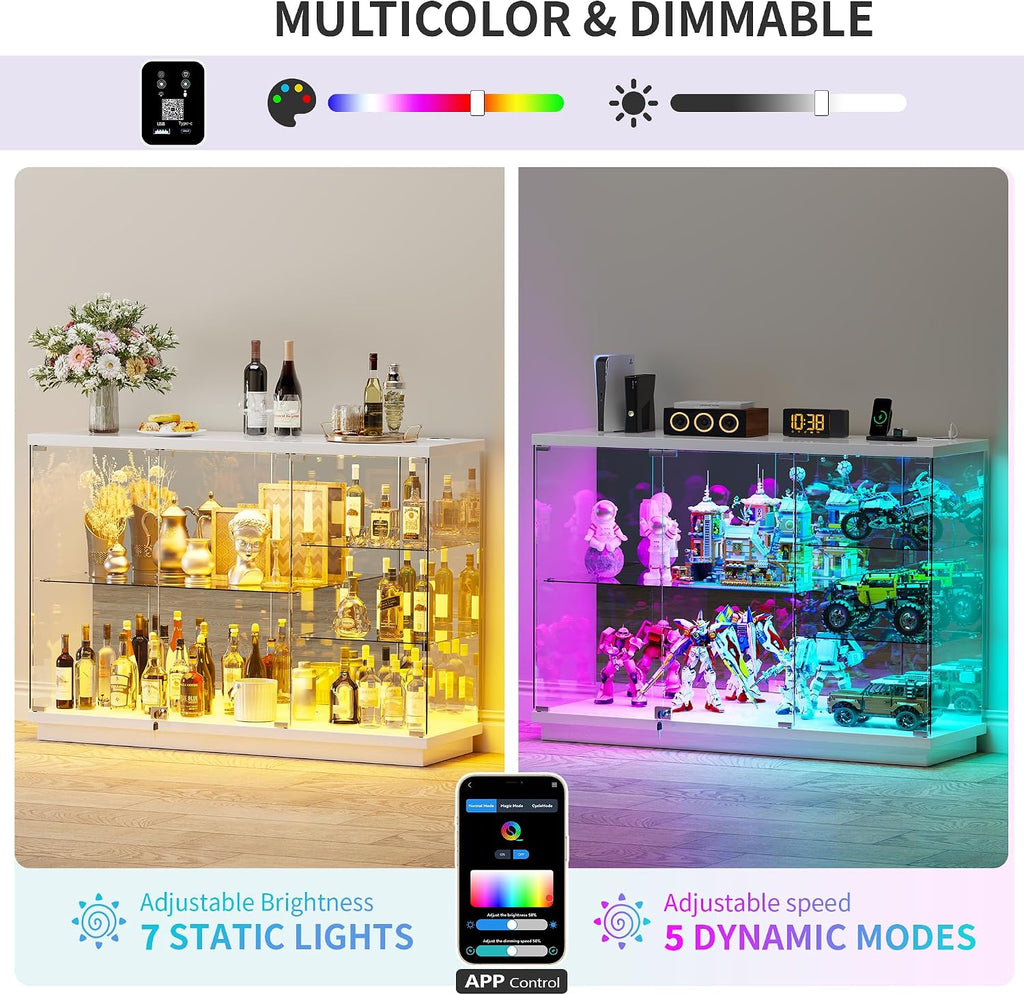 RGB Glass Display Cabinet - with Human Body Sensor, High Gloss Sideboard with Lock & Glass Shelves for Toys, Books, Collectibles, Liquor, Bookcase for Living Room, Kitchen, Study, White
