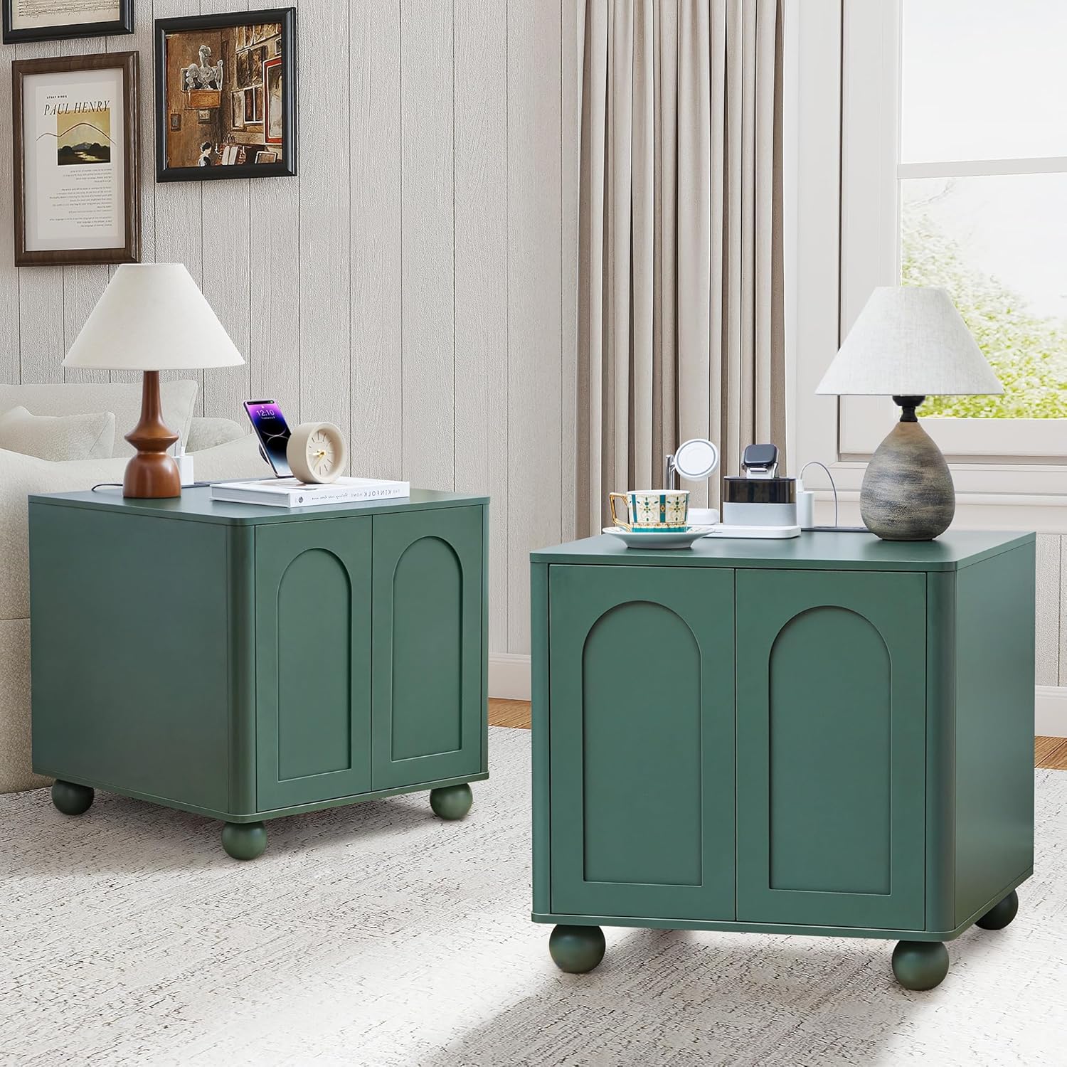 Bed Side Table Set of 2 with Charging Station, Mid Century Modern Nightstand with 2 Doors, Square End Table with Storage for Couch,Living Room, Sofa Side Table for Office,Dorm - Green