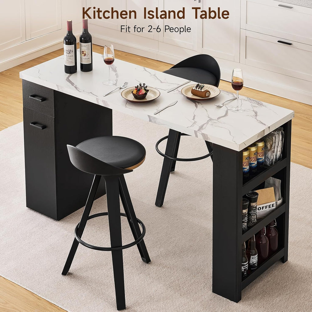 Kitchen Island Table, 59-Inch Modern Counter Height Dining Table | kitchen table w/Pull-Basket Drawer, 3-Tier Shelves,1.5"Thick Marble Tabletop, Bar Table for Dining Living Room Balcony Bistro