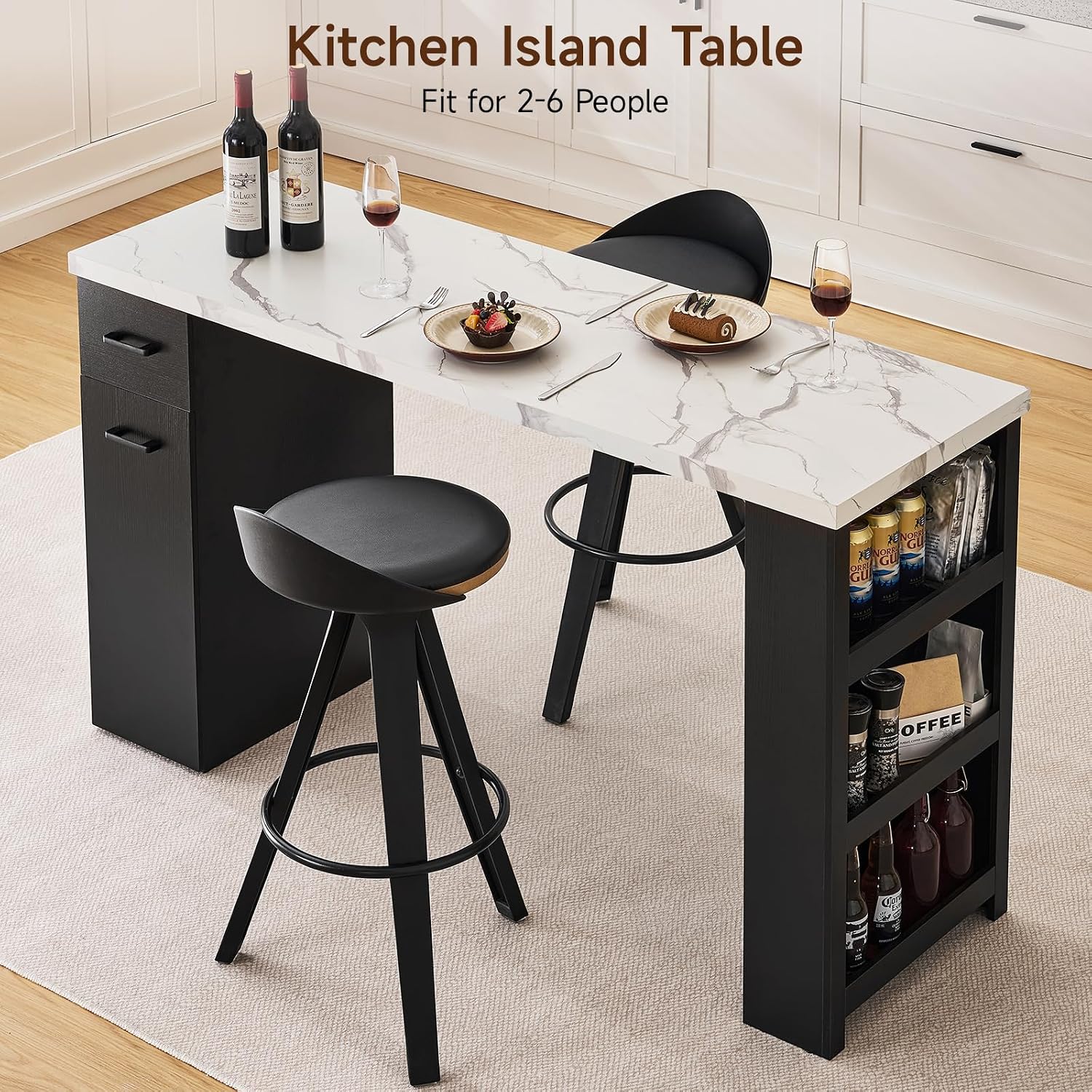 Kitchen Island Table, 59-Inch Modern Counter Height Dining Table | kitchen table w/Pull-Basket Drawer, 3-Tier Shelves,1.5"Thick Marble Tabletop, Bar Table for Dining Living Room Balcony Bistro