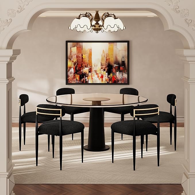 Morden Fort Black Modern Dining Chairs Set of 6, Boucle Upholstered Chairs with Curved Backrest and Sturdy Metal Legs for Dining Room, Kitchen, Living Room and Apartment