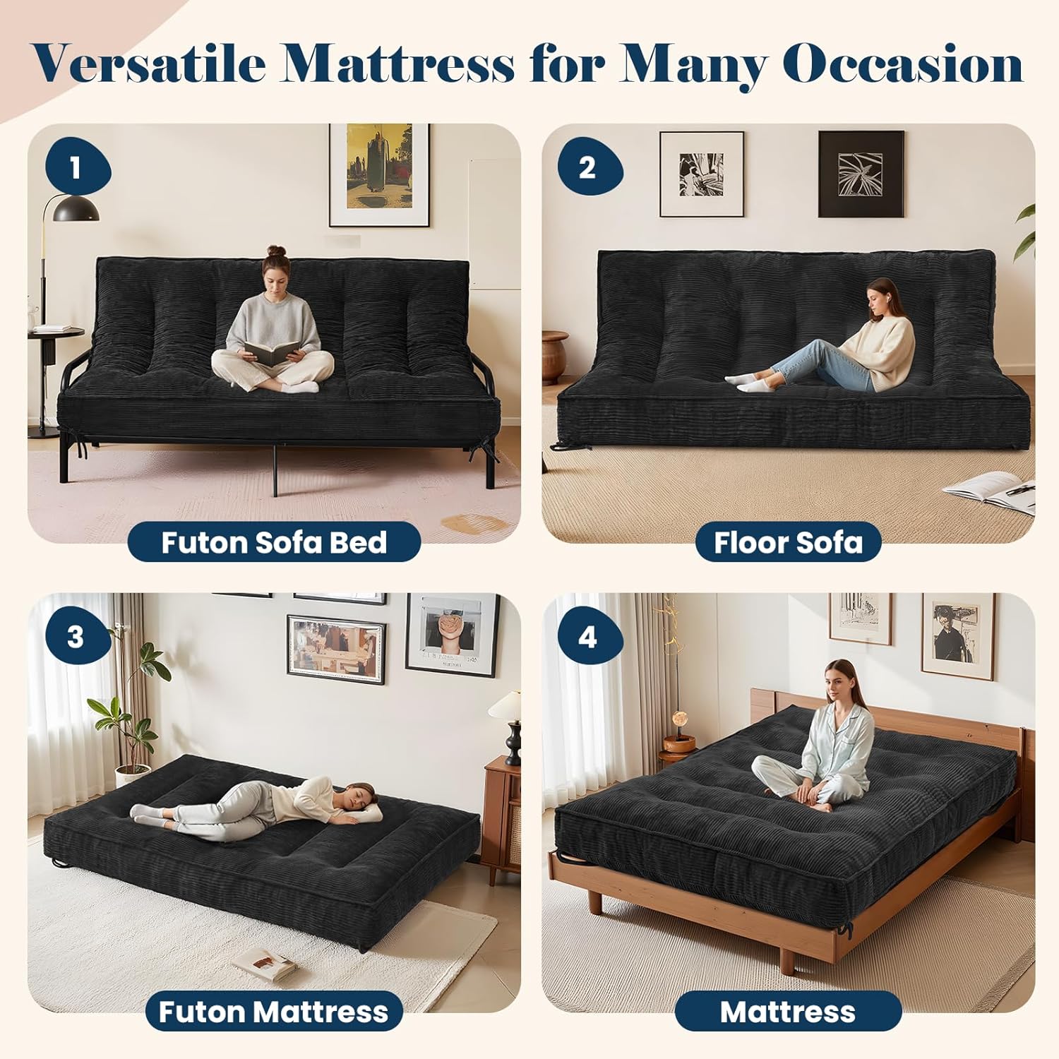 8 Inch Futon Mattress Full Size, Futon Floor Sofa Bed Foldable with Soft Corduroy Fabric - High Resilience Foam Filling - 2 Storage Straps for Home, Guest Room, Dorm, Black (Frame Not Included)