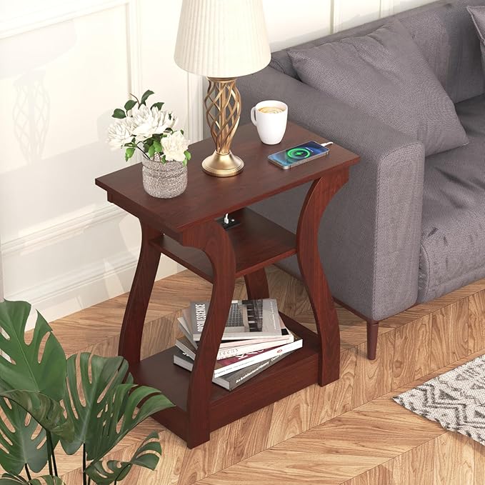 End Tables Living Room, Cherry End Table with Charging Station, Nightstand fo...