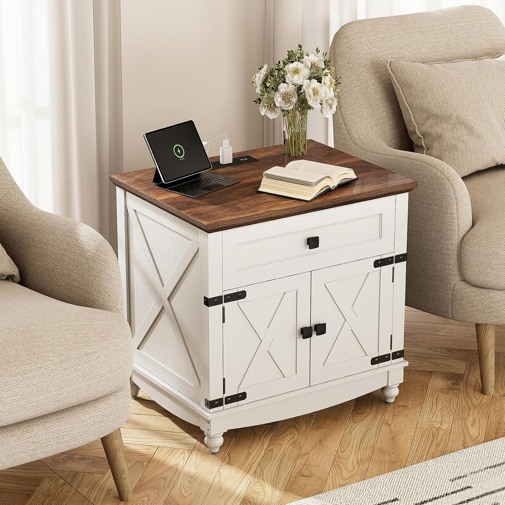 Farmhouse End Table with Charging Station, 24inch White Nightstand with Door ...