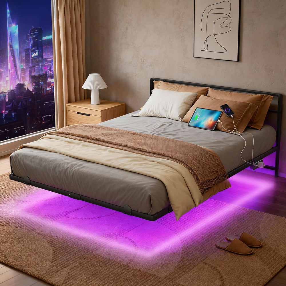 AGXI Full Size Bed Frame with Headboard, 14 Inch Floating Bed with Smart LED ...