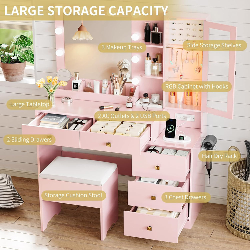 Vanity Desk with Mirror and Lights, Makeup Vanity Table Set with 5 Storage Dr...
