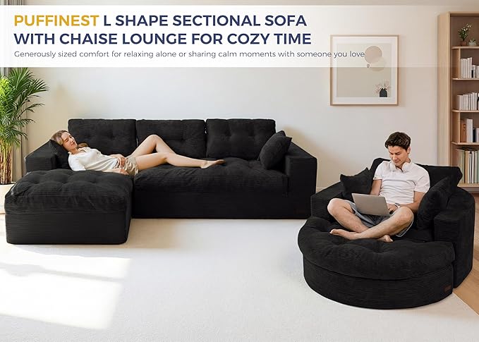 MAXYOYO L Shape Sectional Sofa Couch and Round Chaise Lounge, Modern Cloud Couch with Ottoman, Comfy Sofa with Layered Cushion, Tufted Upholstered Sleeper Chair for Living Room, No Assembly Required