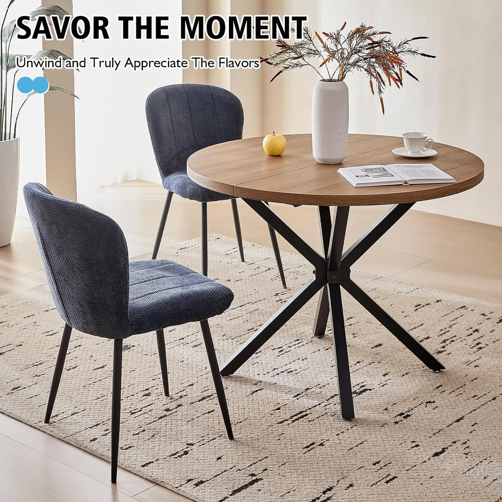 39" Round Dining Table Set for 4, Mid Century Kitchen Table with 4 Upholstered Accent Dining Chairs for Apartment Living Room Space Saving, Brown with Blue Chairs