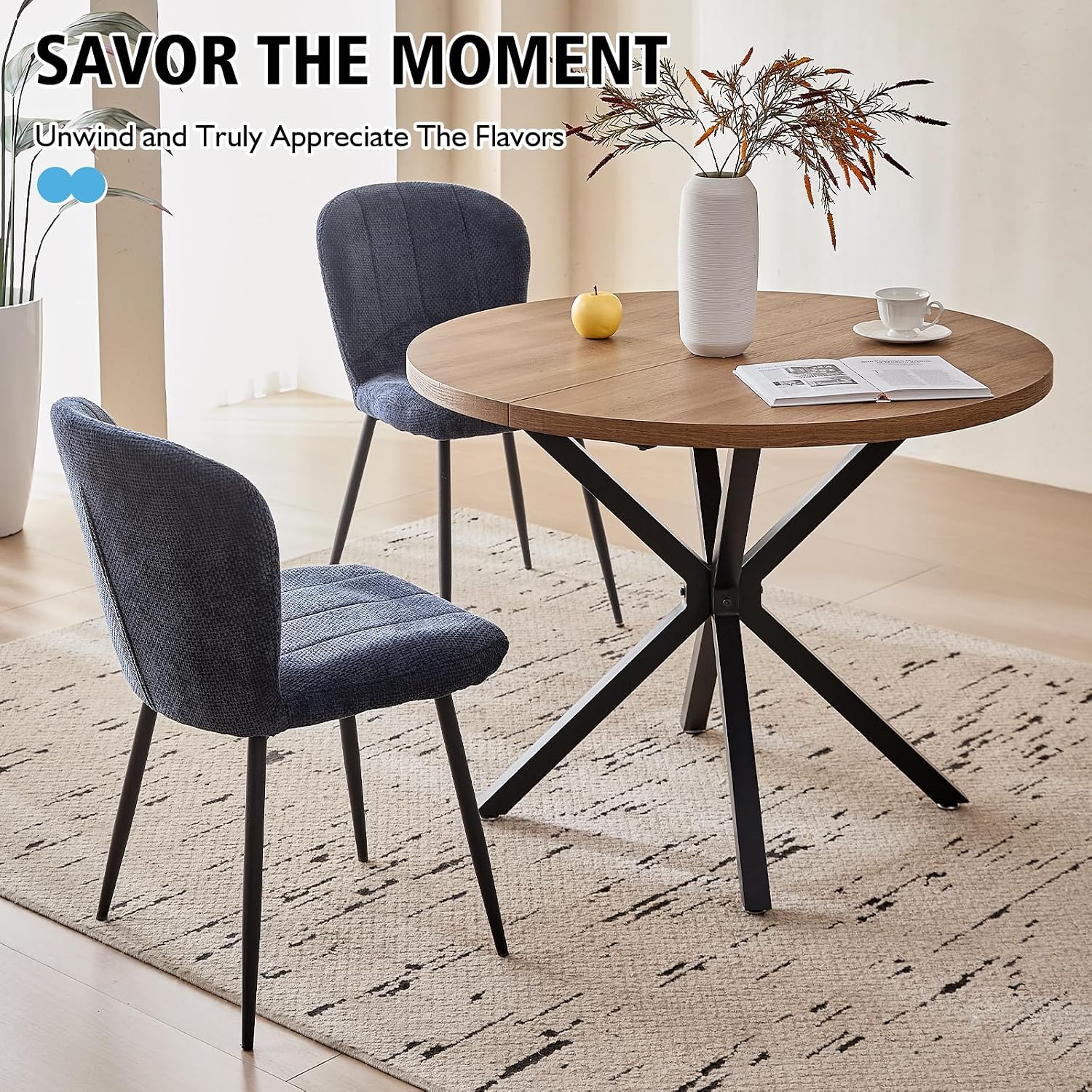 39" Round Dining Table Set for 4, Mid Century Kitchen Table with 4 Upholstered Accent Dining Chairs for Apartment Living Room Space Saving, Brown with Blue Chairs
