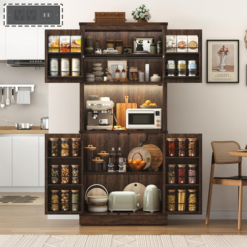 72" Tall Farmhouse Kitchen Pantry Cabinet with LED Light and Power Outle...