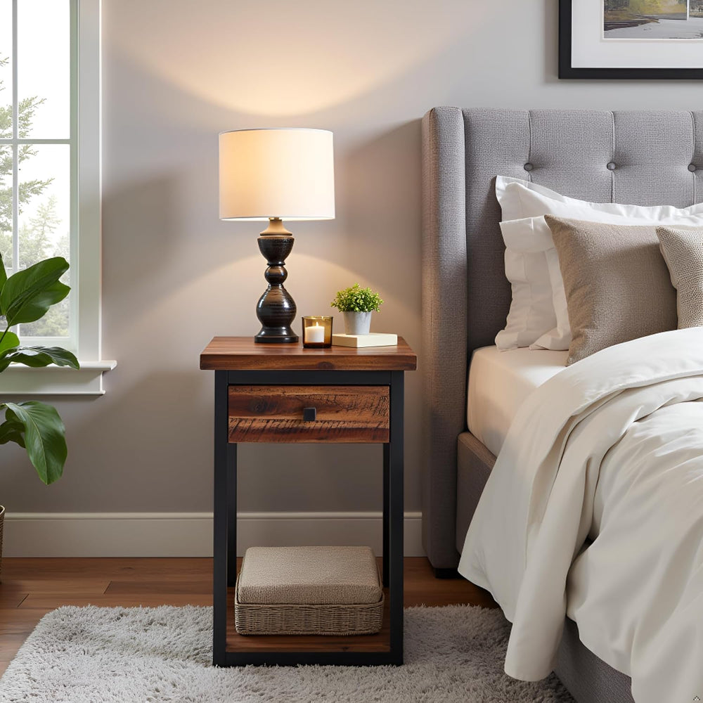 Claremont Rustic Solid Wood End Table with Drawer and Shelf – Farmhouse Accen...