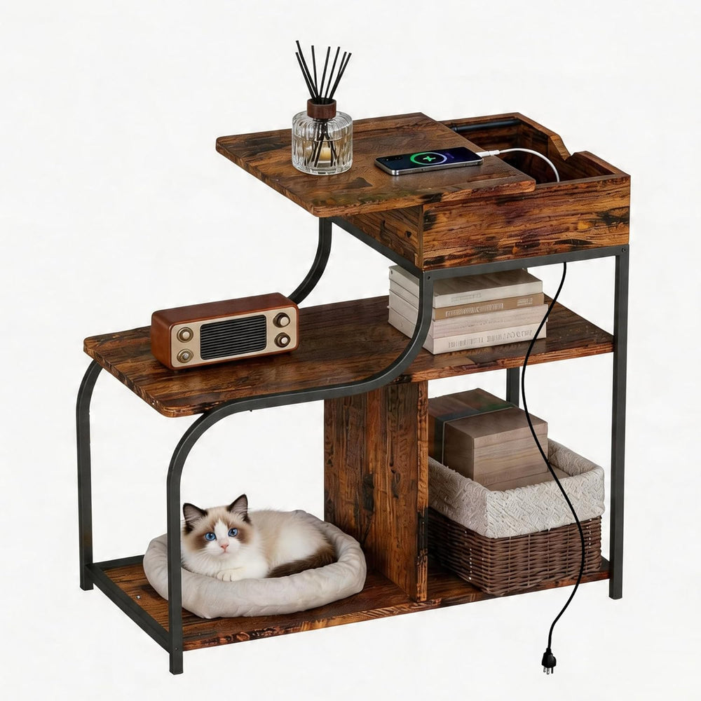 End Table with Charging Station, 3-Tier Sofa Side Table Sliding Top for Livin...