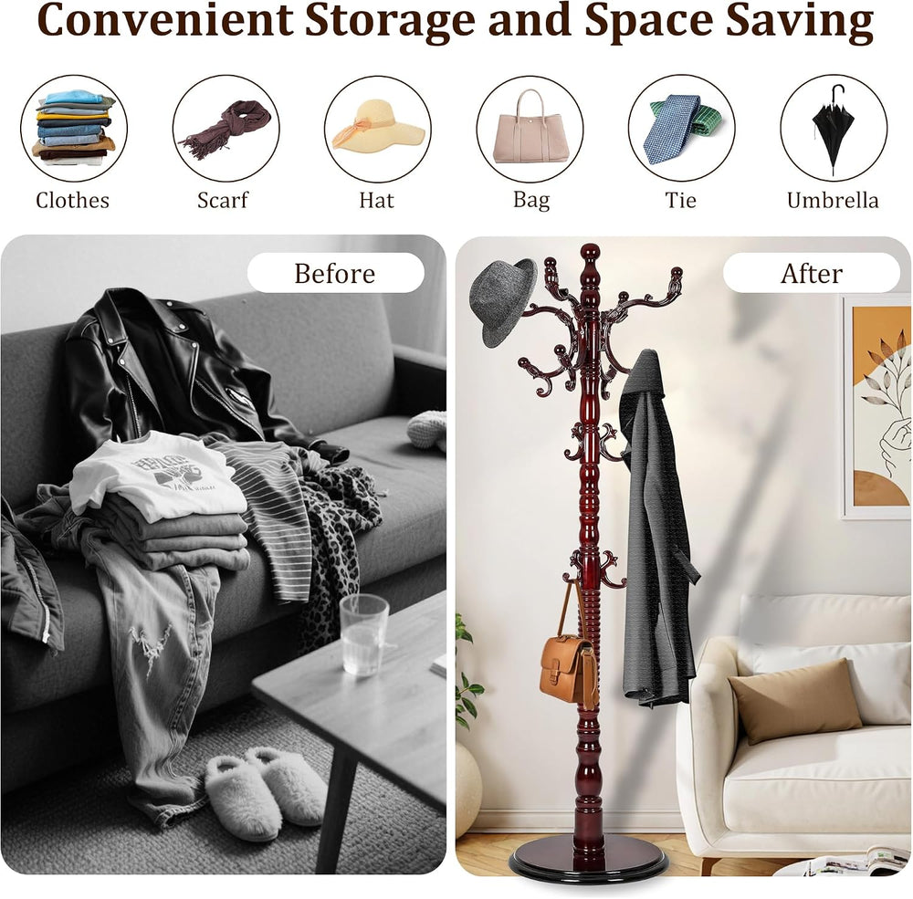 73'' Vintage Coat Racks Freestanding with 18 Hooks, Solid Wood Coat R...