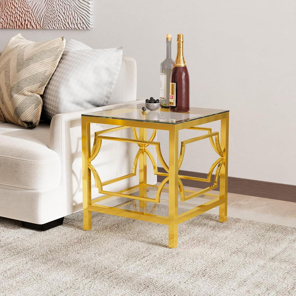19.7" Modern Square Side Table with Tempered Glass Top & Storage She...