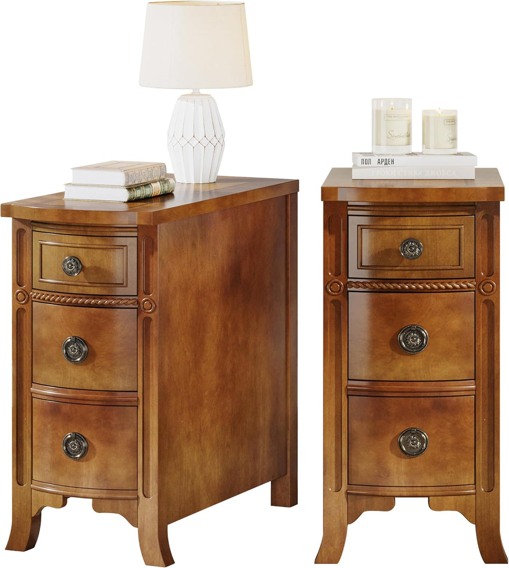 Farmhouse Solid Wood End Table, 3-Drawer Narrow Side Table Slim Chair Table f...