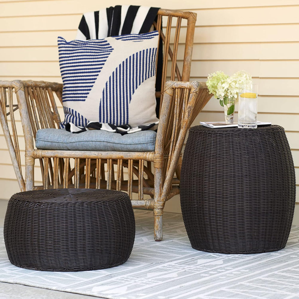 Household Essentials Round Handwoven Resin Storage Stool Ottoman, Brown