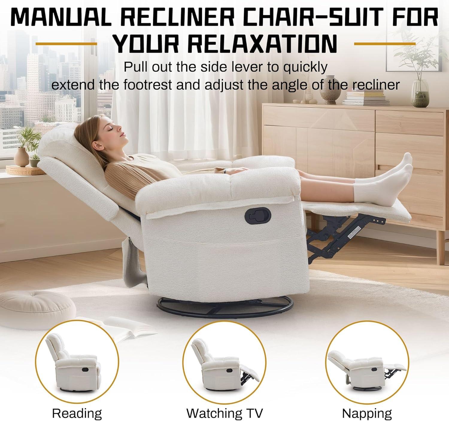 Korser Recliner Chair, Swivel Rocker Recliner Chair for Adults, Small Recliners for Small Spaces, Upholstered Manual Recliner with Side Pockets, Nursery Rocking Chair for Living Room, Chenille, Beige