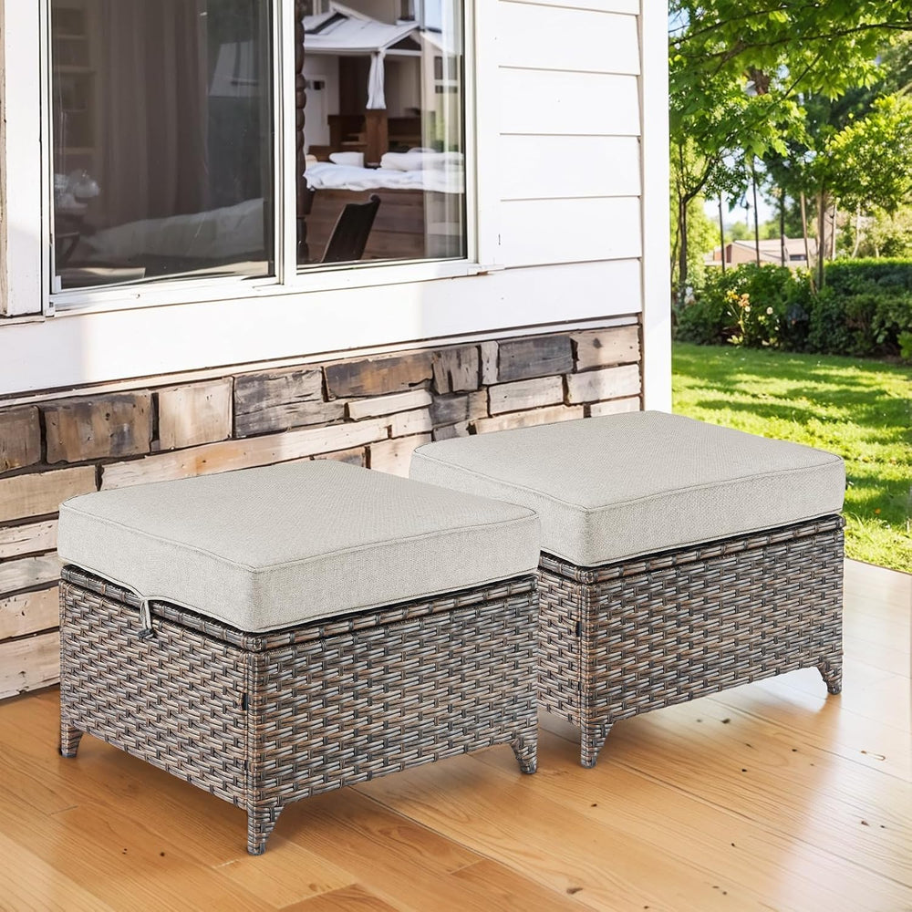 Outdoor Wicker Ottomans Rattan Footrests - Heavy Duty Outside Resin Rattan La...