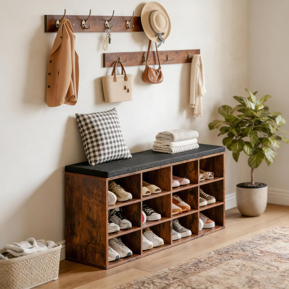 HOOBRO Shoe Storage Bench with Cushion, 39.4" L Entryway Bench with 12 C...